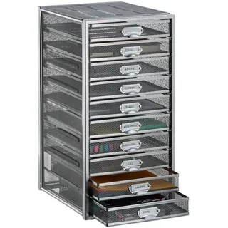 Relaxdays Schubladenbox, 10 Schubfächer, für Din A4 Dokumente, Ordnungssystem für Schreibtisch, Aktenablage, Silber