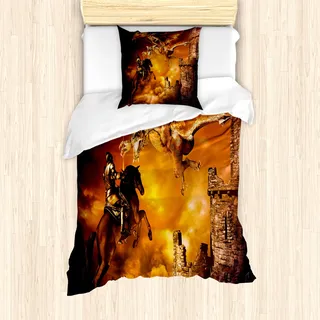 ABAKUHAUS Modern Mantele, Ritter auf Pferd, Milbensicher Allergiker geeignet mit Kissenbezügen, 135 cm x 200 cm - 80 x 80 cm, Schwarz und Marigold - Schwarz