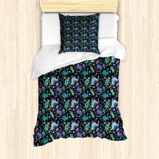 ABAKUHAUS Drachen Bettbezug Set für Einzelbetten, Raum Themed Dinos Planeten, Milbensicher Allergiker geeignet mit Kissenbezug, 135 cm x 200 cm - 80 x 80 cm, Mehrfarbig