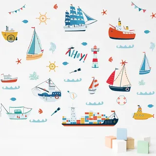 Fufuquare DIY Cartoon Segelboot Wandtattoo Selbstklebender Vinyl Schiff Wandaufkleber für Kinderzimmer Kindergarten Schlafzimmer Wohnzimmer