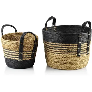 Runder aufbewahrung Korb Bali 2er Set Seegras beige schwarz 26x33 cm Dekokorb