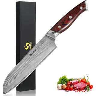SANHUI Santokumesser 18 cm, Profi Damastmesser aus 67 Lagen echten Damaststahl, Ultrascharfes Santoku Messer für Fleisch, Gemüse,Fisch, Ergonomischer Pakkawood-Griff, Inkl. Geschenkbox