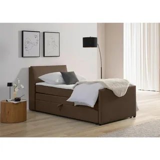 Mid.you Boxspringbett , Braun , Holz, Textil , Tanne , H3 , 7-Zonen , Höhe ca. 17 cm , 100x200 cm , Bettkasten, gepolstertes Kopfteil , Holzmöbel, Holzbetten, Boxspringbetten Holz