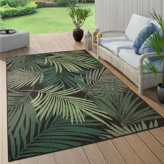 Outdoor Teppich Wetterfest Balkon Palmen Dschungel Florales Boho Muster Grün Grösse 200 cm Rund - Schwarz