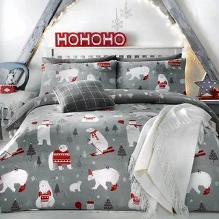 Bedlam Weihnachts Polar Bear mit Christmas Trees Reverse Einzelbett Bettbezug Set, Silber