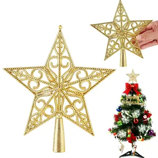 Weihnachtsbaumspitze Stern Gold, 20cm Christbaumspitze in Stern-Form, Vintage Leicht Klassisch Kunststoff Ausgehöhlt Weihnachts Dekoration Sterns, Ideale Christbaumspitze Dekoration Ornament (Gold)
