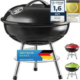 GOODS+GADGETS® Mini Kugelgrill Holzkohle - Camping Tischgrill 38 cm | Emaillierter Edelstahl-Reisegrill – kein Rosten, kein Verbiegen – ideal für Balkon, Picknick & Festival