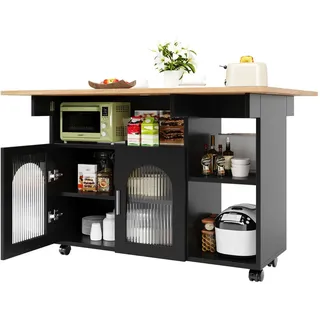 Stilvora Kücheninsel in Schwarz und Naturfarben Servierwagen mit Glastüren für Küche und Esszimmer, B120/T30/H79.5 cm , Schwarz, Naturfarben , Metall, Holzwerkstoff, Glas , Rechteckig , 120x79.5x70 cm , Küchen, Küchenmöbel, Kücheninseln