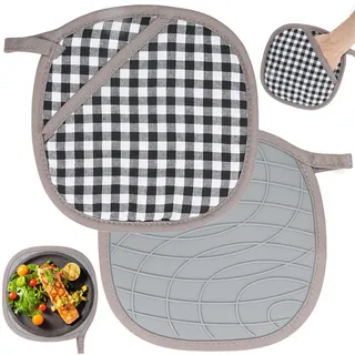 2 Stück Topflappen mit Tasche, Silikon und Baumwolle Hot Pads, Hitzebeständige Topfhandschuhe, Handschuhe Topflappen mit Rutschfestem Silikongriff Ofenhandschuhe für Küche,Kochen,Backen