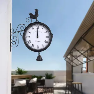 Vintage Außen-Wanduhr - Wanduhr - Doppelseitig - Wetterfest - Hahn-Motiv - Römische Ziffern - Retro Garten-/Bahnhofs-Stil - Weiß