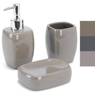 MSV Bad Accessoires Keramik 3-teilig - Seifenspender, Seifenschale, Zahnputzbecher Taupe
