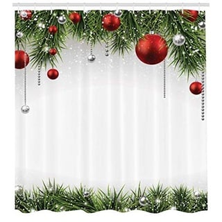 ABAKUHAUS Weihnachten Duschvorhang, Baum Balls Ornaments, Waserdichter Stoff mit 12 Haken Set Dekorativer Farbfest Bakterie Resistet, 175 x 200 cm, Grün Rot