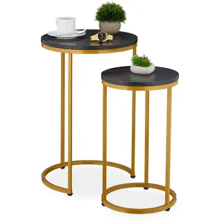 Relaxdays Satztisch, 2er Set, 2 Größen, Marmoroptik, Metall, runde Beistelltische, Wohnzimmer Couchtisch, schwarz/gold