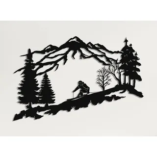 DEKADRON Wandkunst Skiläufer, Metall, Wandkunst, Berge und Bäume, Wanddekoration, Geschenk für Skiliebhaber (45 x 29 cm)