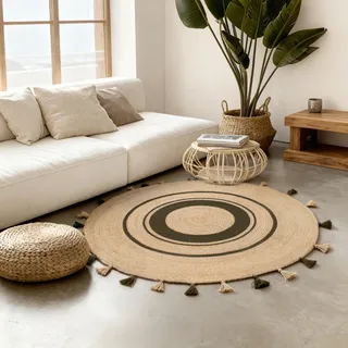 Teppich HANSE HOME "Basil", natur, gold, grün, H:7mm Ø:200cm, Jute, Teppiche, Teppich, Jute, Handgemacht, Rund, Fransen, Wohnzimmerteppich, Naturteppich