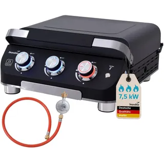 Skandika Plancha Grill Palo 3-Brenner Plus| Gasplancha Grillplatte mit Deckel, 3 Brenner, transportabler Gasgrill mit Kochplatte | Outdoor, Camping, Balkongrill, Tischgrill, Grillplancha, Gasbräter