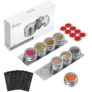 HOMGEN Gewürzdosen Magnetisch 8 Stück Edelstahl Gewürzgläser Set Magnet 100ml Gewürze Spice Jars Magnetisch Gewürz Organiser mit Separates Gewürzregal und Gewürzaufklebern