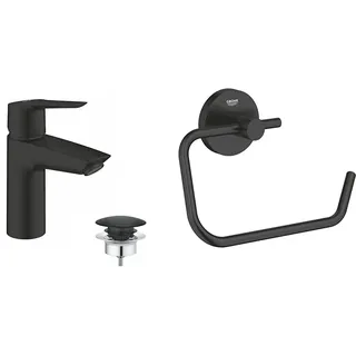 GROHE Start - Einhand-Waschtischbatterie & Start - WC-Papierhalter (ohne Deckel, verdeckte Befestigung, geeignet zum Bohren oder Kleben), matt schwarz, 412002430