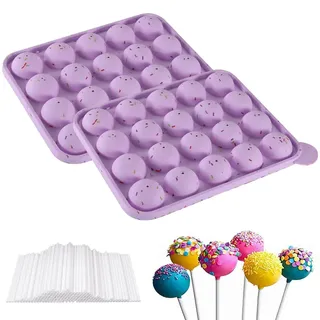 Puedno Cake Pop Silikonform, Lollipop Mould mit 100 Cake Pop Sticks, 20 Runde Lollipop Silikon Form Backform für Süßigkeiten Cupcakes Gelee (Lila)