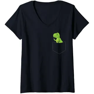 Damen Dinosaurier in der Tasche Lustiger Taschen Dinosaurier T-Shirt mit V-Ausschnitt, Schwarz, M