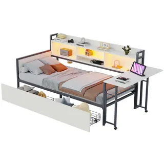 Beaok Metallbett 90/200 cm mit Stauraum, Schreibtisch und LED in Weiß , Metall , 90x200 cm , Schlafzimmer, Betten