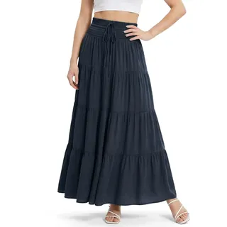 Alaoo Damen Maxi Skirt Lang mit Kordelzug, Doppellagig A-Linie Rock, Marineblau