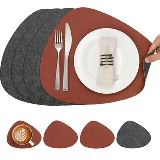 Chitomars Tischsets Kunstleder und Untersetzer, Tischsets Abwaschbar Doppelseitigen rutschfest Platzsets Rund Lederoptik Platzdeckchen Teller Untersetzer (4er Set, Grau Terrakotta)