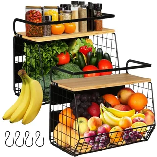 2 Magnetische Obstkorb Hängend & Gewürzregal Magnetisch, Küchen Organizer- Küchenregal Ohne Bohren- Obstkorb Etagere Obst und Gemüse Aufbewahrung, Magnetisches Regal Kühlschrank Schwarz Mit Deckel