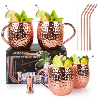 AUROAY Moscow Mule Kupferbecher Set mit 4 Stück, 18.6 Unzen Kupferbecher mit 4 Strohhalmen, Shotglas & Strohbürste, Sein & Ihr Geschenk für Zuhause, Bar, Party