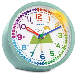 Eachui Analog Wecker Kinder ohne Ticken für Jungen und Mädchen - Analog Quarzwecker mit Nachtlicht, Snooze und Batteriebetrieben Lernwecker, einfach einzustellen(Grün)