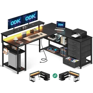 ODK Moderner Gaming Schreibtisch mit LED Beleuchtung, Schwarz 135×110cm - Schwarz