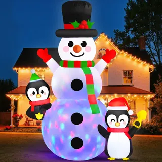 6 Fuß(1,83m) Aufblasbare Weihnachtsdeko Schneemann Aufblasbar mit Pinguinen Rotierende Bunte LED-Beleuchtung, Wasserdicht Weihnachtsdeko Außen Aufblasbar Outdoor für draußen Garten drinnen
