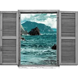 Queence Wandtattoo »Klippen im Meer« Wandsticker, Wandbild, selbstklebend, 3D, Fenster, blau