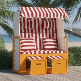 The Living Store Strandkorb mit Kissen Poly Rattan und Massivholz Rot & Weiß - Rot