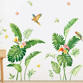 Supzone Wandtattoo Tropische Blätter Wandsticker Pflanzen Grüne Palme Monstera Vögel Wandaufkleber für Wohnzimmer Schlafzimmer Sofa TV Hintergrund Wanddeko