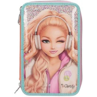 DEPESCHE 14100 TOPModel Music - Gefüllte 3 Fach-Federtasche in Pink, Apricot und Türkis, mit Model Motiv und Glitzer, Federmappe mit Buntstiften, Schere, Lineal UVM.