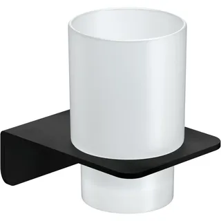 WEISSENSTEIN Zahnputzbecher ohne Bohren | Becher und Zahnputzbecherhalter zum Kleben an der Wand | Edelstahl Halterung und Glas weiß | in Schwarz Matt