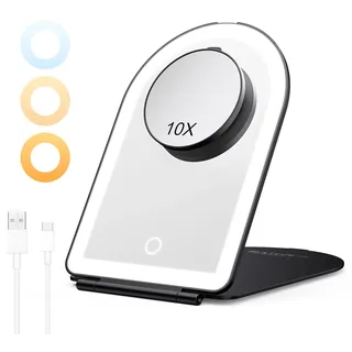 BESTOPE Pro Kosmetikspiegel mit Beleuchtung, LED Tragbarer Schminkspiegel 10-Fach Vergrößerung, 3 Dimmbare Farblichter, Wiederaufladbar Ultraschlanker Tischspiegel für Zuhause und Rasier, Schwarz