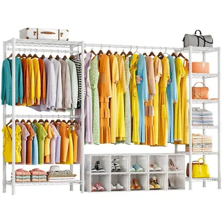 Taotigzu Erweiterbar Kleiderständer,Multifunktional Garderobenständer mit Höhenverstellbaren Einlegeböden,Schwerlast Kleiderständer Metall Garderobenständer Kleiderbügel Kleiderschrank (Weiß)