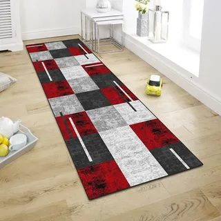 WTHYGB Teppich Läufer Flur Teppichläufer Küchenläufer Küche Teppiche rutschfest Waschbar Bettvorleger für Flur Waschküche, 60x120cm Geometrisches Rot Grau