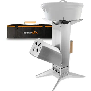 TERRADIX® Raketenofen Campinggrill Edelstahl - kochen, braten, grillen - komplett zerlegbar mit Tragetasche- mit Holz oder Kohle befeuerbar