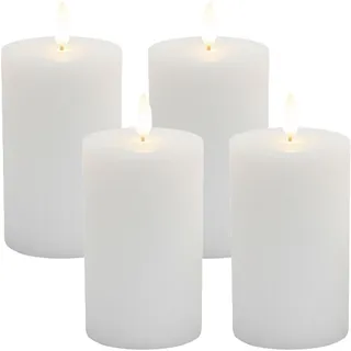Relaxdays LED Kerzen, 4er Set, HxD: 13 x 7,5 cm, flackernde Flamme, weiß | Echtwachs, Rillen, flammenlose Blockkerzen