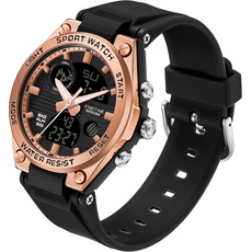 Damen Uhr Digital Armbanduhr mit Silikonarmband 50M Wasserdicht Digitaluhr für Mädchen Jungen Analog Digital Sportuhr mit Alarm Datum LED Kinderuhr Elektronisch Rosegold