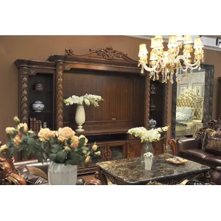 Fernseh Wand Klassisch Wohnwand Echt Handarbeit Holz Vitrine Regal Barock Rokoko - Braun
