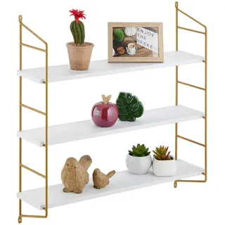 Relaxdays Wandregal Weiß Gold 3 Ablagen , Holzwerkstoff, Metall, Kunststoff , 60x60x15 cm , Wohnzimmer, Regale, Wandregale
