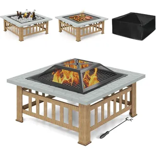 KOMFOTTEU Feuerschale Feuerkorb, Feuerstelle mit Grillrost & Decekl, Flammschale 81 x 81cm Outdoor, Feuerstellentisch inkl. Schürhaken, firepit mit Funkenschutz für Heizung BBQ (Silber)