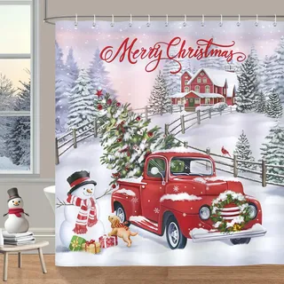 Bonhause Duschvorhang Weihnachten LKW Weihnachtsbaum Xmas Schneemann Winter Duschvorhänge 180 x 180 cm Anti-Schimmel Wasserdicht Polyester Stoff Waschbar Bad Vorhäng für Badzimmer mit 12 Haken