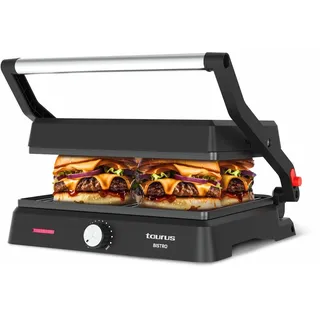 Taurus - Kontaktgrill Bistro 2600W | 2-in-1 Grill & Plancha | Platten 29x23 cm | Schwenkbare obere Platte & 180° Öffnung | Antihaftbeschichtung PFOA-frei | Fettauffangschale | Einstellbarer Thermostat