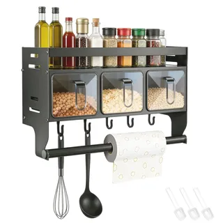 OJTOJT Metall-Wandregal für Gewürze, mit Rollenhalter und 3 Gewürzboxen | Gewürzregal mit Küchenrollenhalter Gewürzständer Wand aus Metall Gewürz Organizer Regal für Küchen Arbeitsplatte Schrank