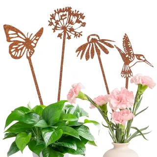 XIANJIA 4er Set Gartenstecker Schmetterlinge Deko Rost | Gartendeko für Draußen Wetterfest Gartendeko Rost Vögelchen Pusteblume Gartenstecker Metall Blumenstecker für Garten Balkon